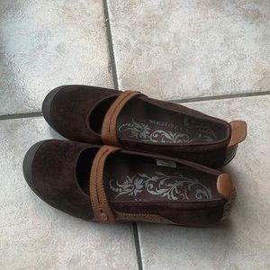 Merrell, Suede & Leather Mary Jane Shoes, Brown, size 9